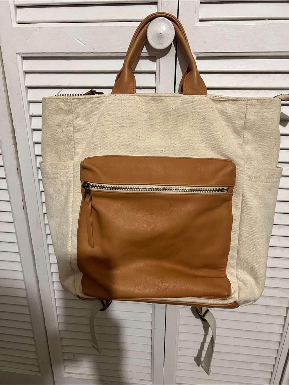 Universal Thread Cream Canvas Backpack with Tan Leather Pocket